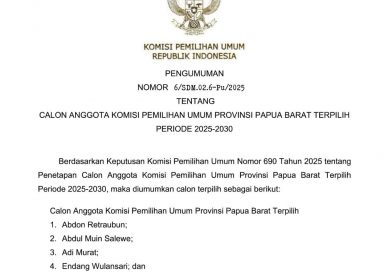 KPU RI tetapkan Lima Calon Komisioner KPU Papua Barat Terpilih Periode 2025 – 2030